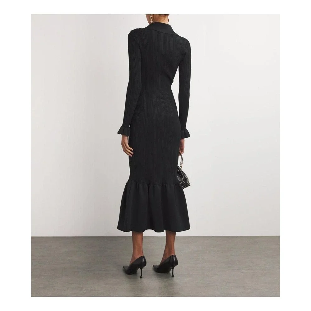 NWT Self-Portrait Black Ribbed Knit Fluted Midi Dress $555 - Size Small - Picture 3 of 16
